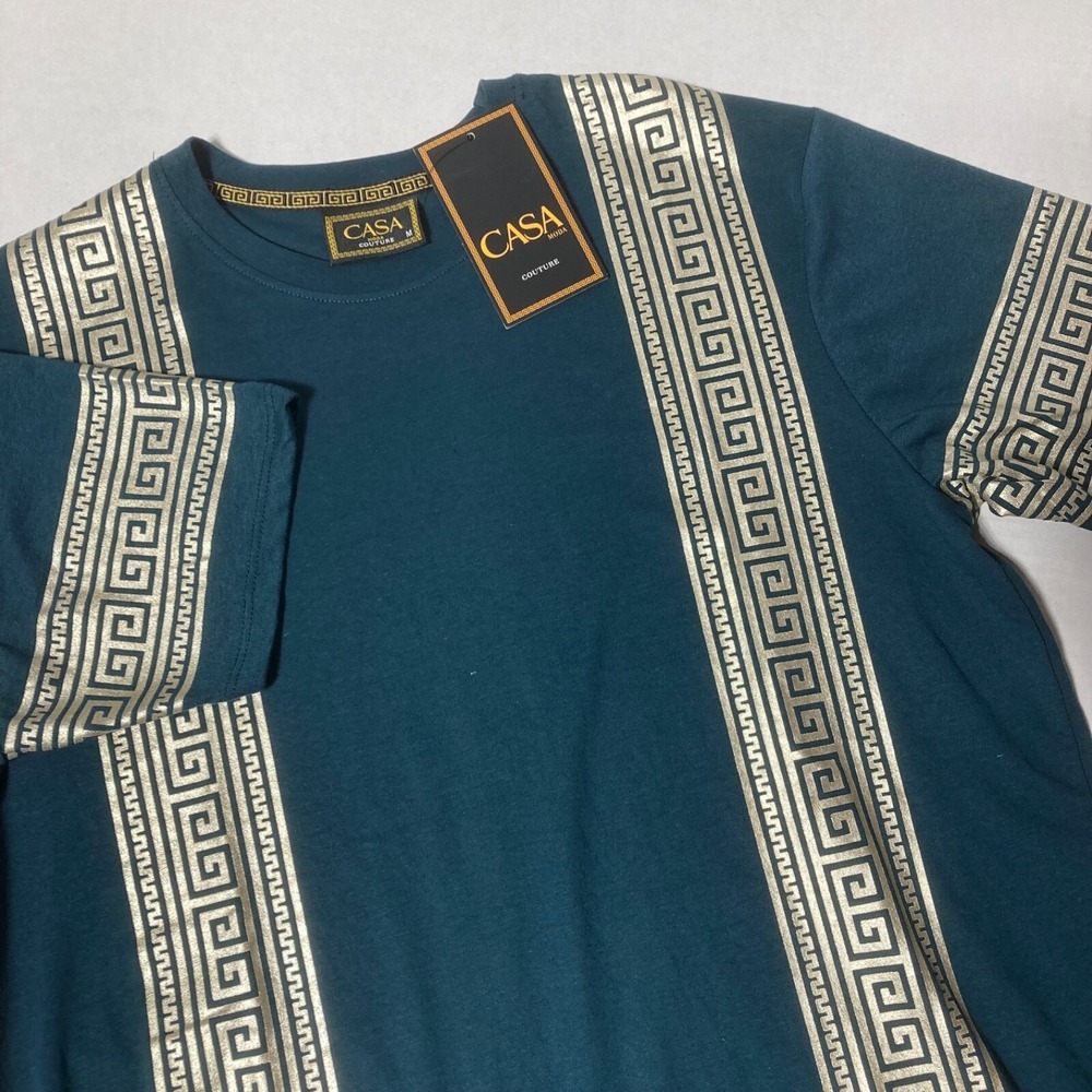 NWT‎ Casa Moda Men's T-shirt Green w/ Gold Greek Key Pattern Men's Size Medium